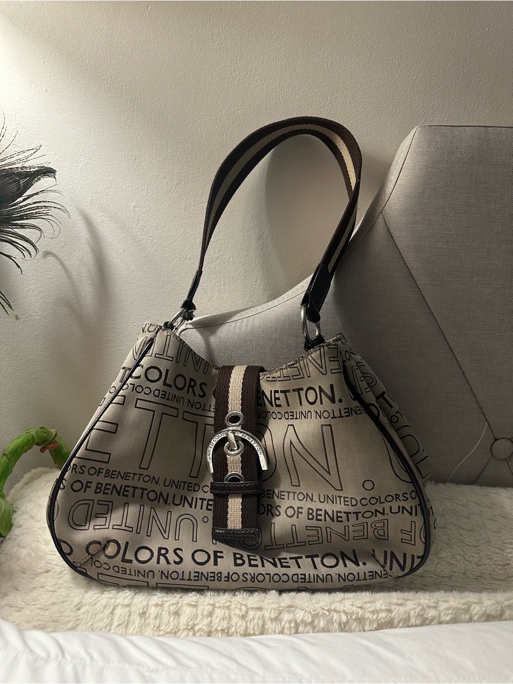 United Colors Of Benetton Beige and Brown Logo Shoulder Bag